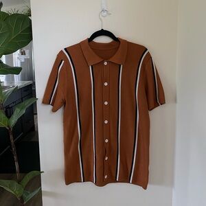 Rust striped button up short sleeve polo sweater